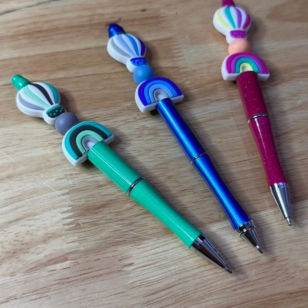 Set of 3 Hot Air Balloon Rainbow Silicone Beaded Pens Metallic Glitter Ballpoint